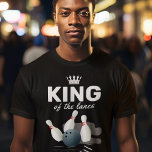 Camiseta Rei da Boliche das Lanes<br><div class="desc">Camiseta de beco de boliche bonita com uma coroa de reis,  alguns pinos e bolas de boliche,  e o ditado "rei das faixas".</div>