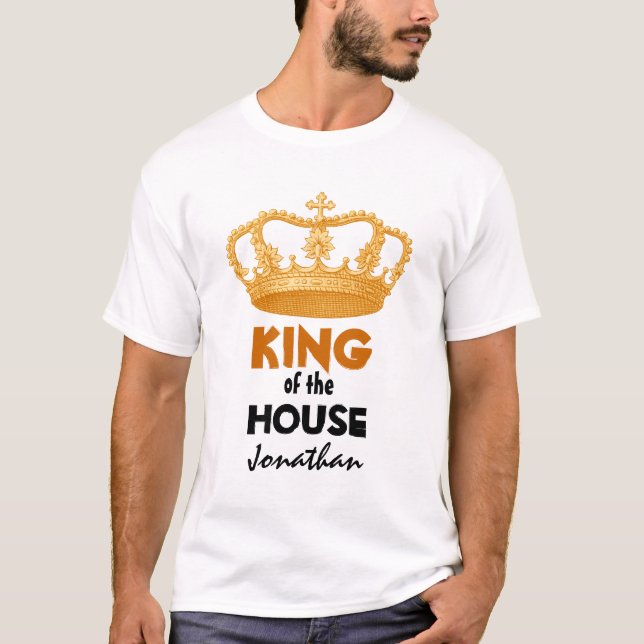 Camiseta Rei engraçado da casa com coroa Dourado V01 (Frente)