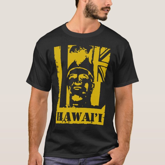 Camiseta Rei Kamehameha Mostarda Amarelo Tinta de Hawai'i (Frente)
