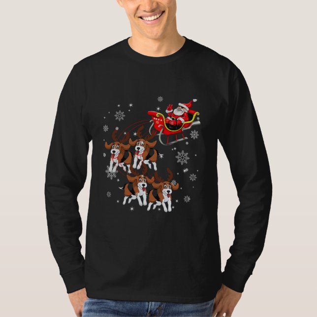 Camiseta Reindeer Beagle Dog Puxando Papai Noel Sleigh (Frente)
