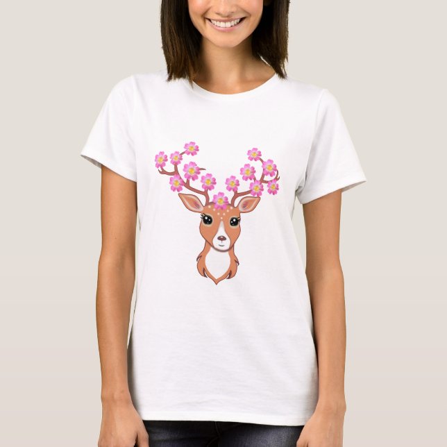 Camiseta Reindeer Bonito com Flores Rosa (Frente)