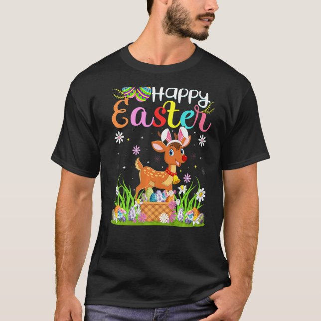 Camiseta Reindeer Bunny Egg Caçando Reindeer Engraçado Feli (Frente)