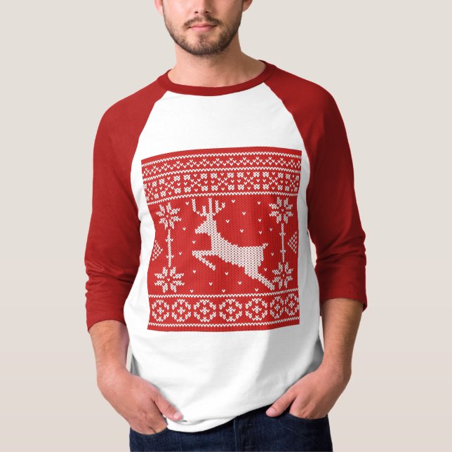 Camiseta Reindeer De Natal Feio Padrões De Vermelho (Frente)
