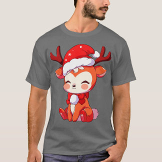 Camiseta Reindeer de natal Kawaii fofo em santa chapéu 1
