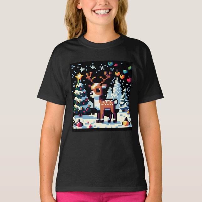 Camiseta Reindeer de Natal Winter Wonderland Pixel Art (Frente)