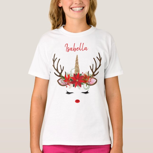 Camiseta Reindeer de Unicórnio do Monograma Vermelho e Dour (Frente)