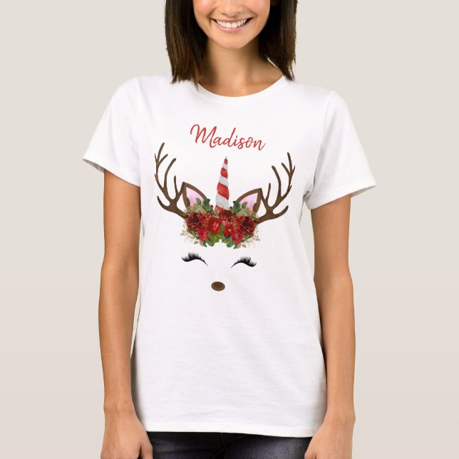 Camiseta Reindeer de Unicórnio do Monograma Vermelho e Dour (Frente)