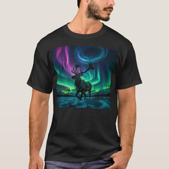 Camiseta Reindeer e Norte Luzes Selvagens Design (Frente)