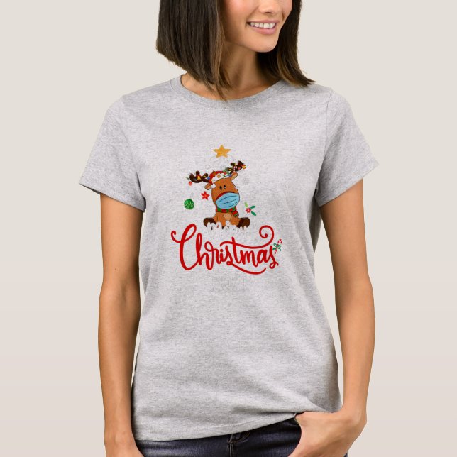 Camiseta Reindeer Face Mask Quarantine Christmas 2021 Tree (Frente)