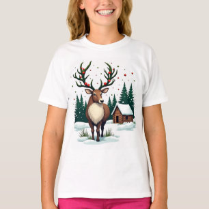 Camiseta Reindeer festivo em bosques de neve