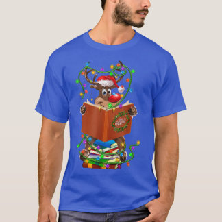 Camiseta Reindeer Lendo Livros Luzes de Natal Ornamentos