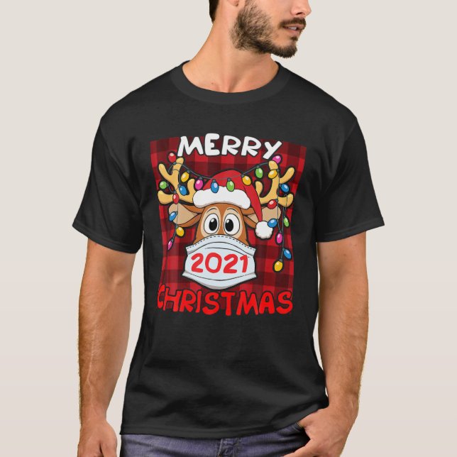 Camiseta Reindeer Na Facemask Red Xadrez Feliz Natal 202 (Frente)
