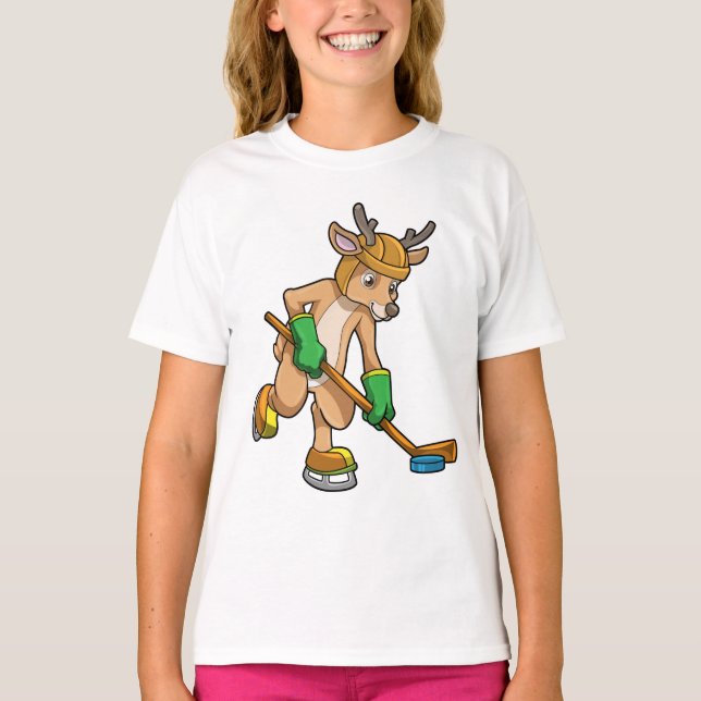 Camiseta Reindeer no hóquei no gelo com bastão de hóquei (Frente)