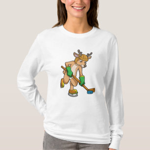Camiseta Reindeer no hóquei no gelo com bastão de hóquei no
