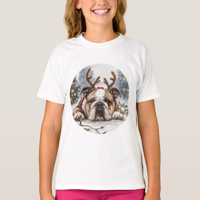 Camiseta Reindeer para Bulldog em Inglês de Natal (Frente)