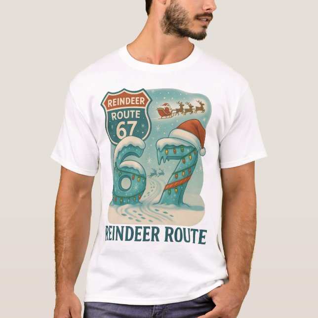 Camiseta Reindeer Route 67 Christmas and Santa Sleigh (Frente)