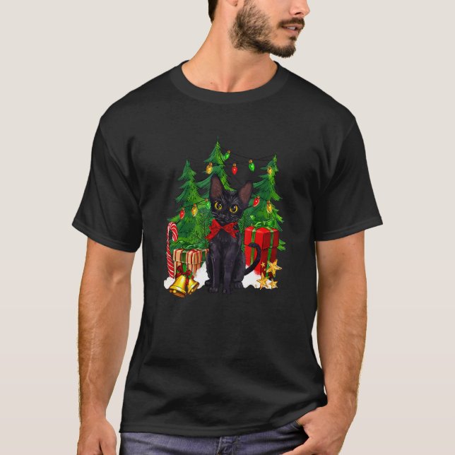 Camiseta Reindeer Santa Hat Black Cat Luzes de Natal Bonita (Frente)