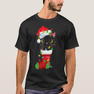 Camiseta Reindeer Santa Hat Black Cat Luzes de Natal Bonita