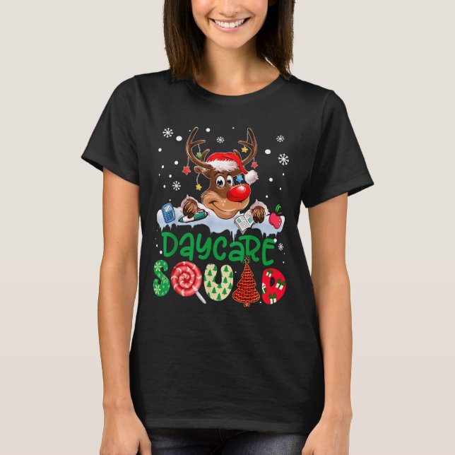 Camiseta Reindeer Santa Hat Daycare Squad Teacher Christmas (Frente)