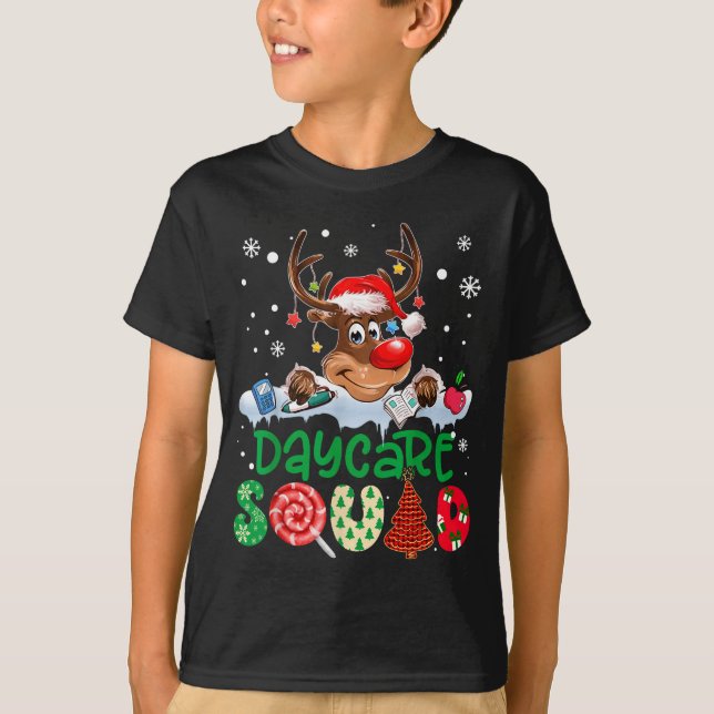 Camiseta Reindeer Santa Hat Daycare Squad Teacher Christmas (Frente)