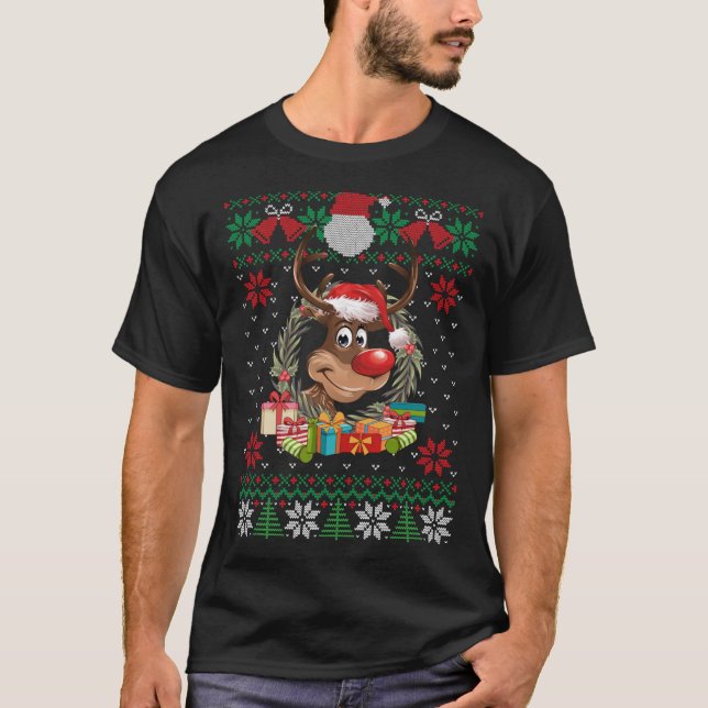 Camiseta Reindeer Santa Hat Feia De Natal Doce Engraçado Xm (Frente)