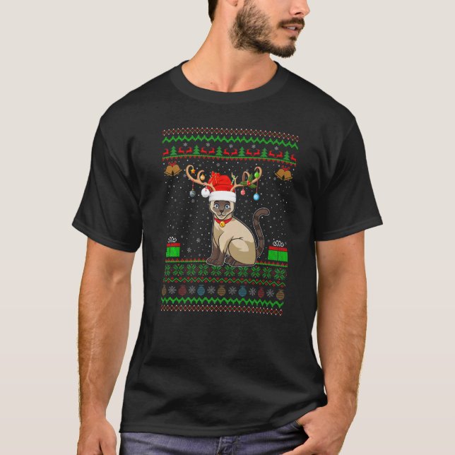 Camiseta Reindeer Santa Hat Matando Feia Gata Gato Siamês C (Frente)