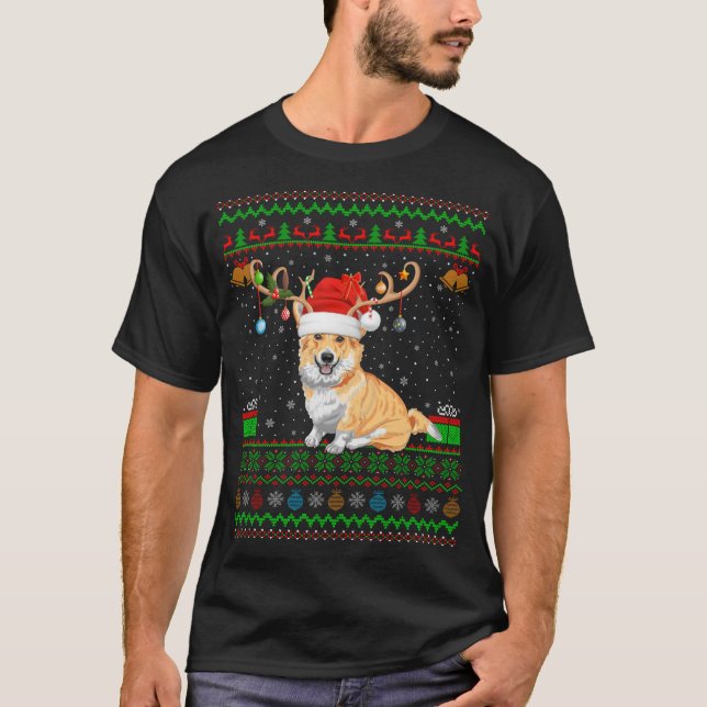 Camiseta Reindeer Santa Hat Matching Ugly Welsh Corgi Chris (Frente)