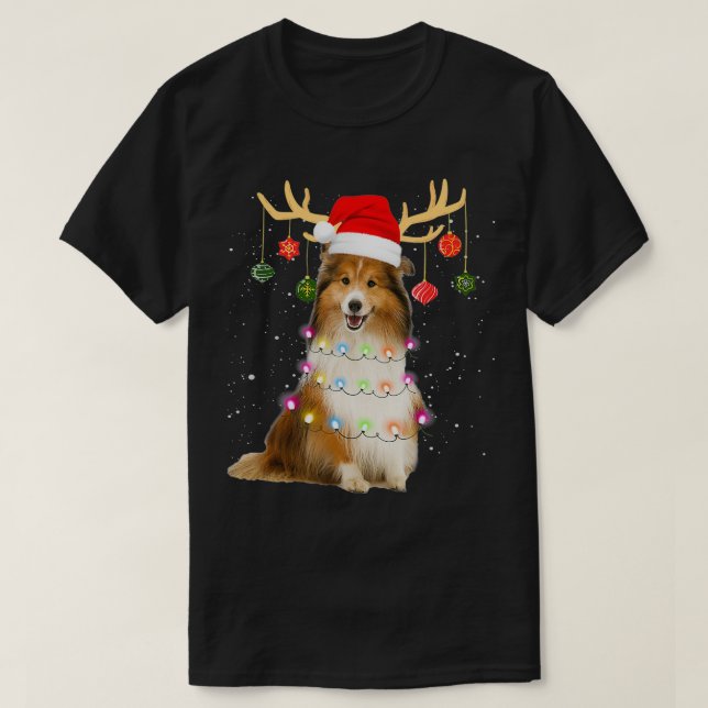 Camiseta Reindeer Sheltie Dog Santa Hat Christmas Light Xma (Frente do Design)