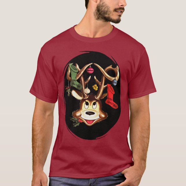 Camiseta Reindeer Sorridente Decorada Com A Balança De Nata (Frente)