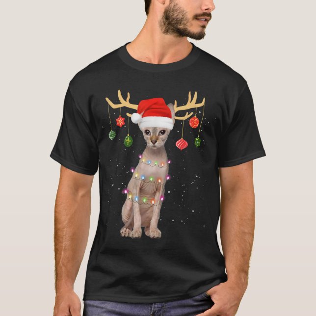Camiseta Reindeer Sphynx Cat Santa Hat Natal Light Xmas (Frente)