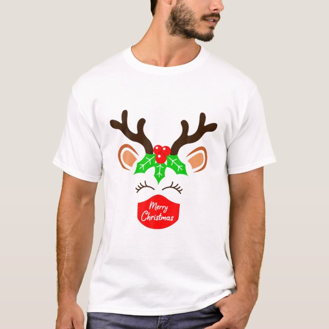 Camiseta Reindeer Vestindo Máscara Natal 2021 Matching Fami (Frente)