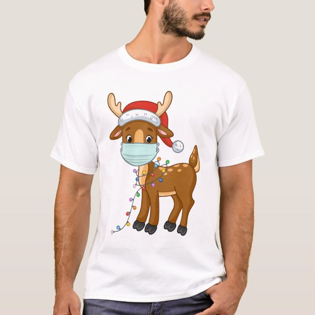 Camiseta Reindeer Vestindo Uma Máscara Para O Natal (Frente)