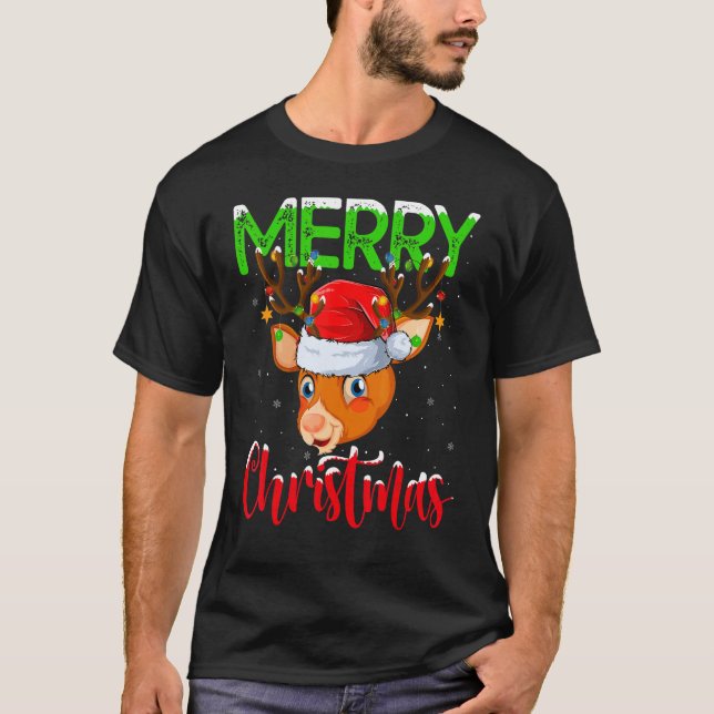 Camiseta Reindeer Xmas Lights Papais noeis Reindeer Feliz C (Frente)