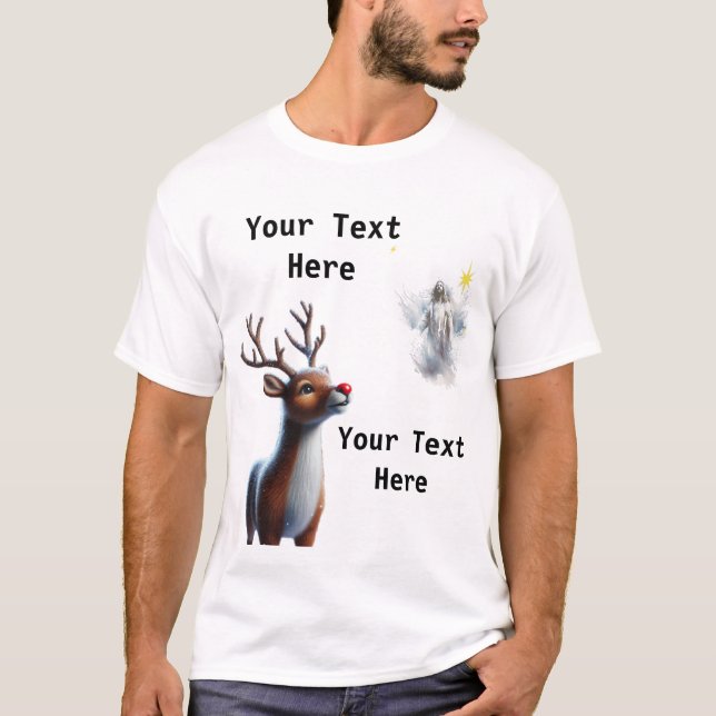 Camiseta Reindeir Olhando para Jesus Reindeer de Natal (Frente)