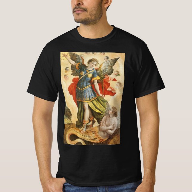 Camiseta Religioso Vintage, São Miguel Derrota Lúcifer (Frente)