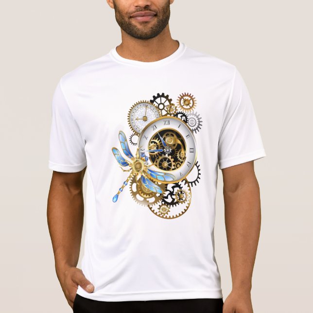 Camiseta Relógio Steampunk com Dragonfly Mecânica (Frente)