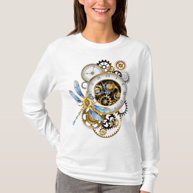 Camiseta Relógio Steampunk com Dragonfly Mecânica (Frente)
