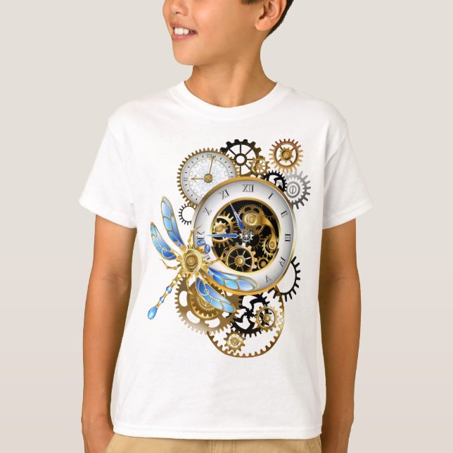 Camiseta Relógio Steampunk com Dragonfly Mecânica (Frente)