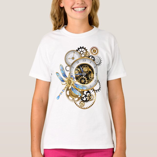 Camiseta Relógio Steampunk com Dragonfly Mecânica (Frente)