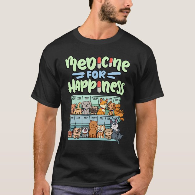 Camiseta remédio para felicidade pílula animais raças de cã (Frente)