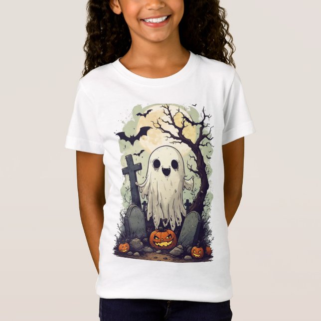 Camiseta Remendo de Fantasma e Abóbora de Halloween 🦇 (Frente)