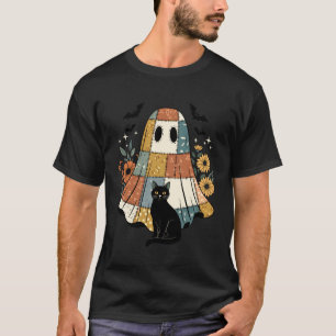 Camiseta Remendo de Halloween Fantasma Gato Preto Floral Mo