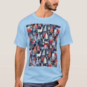 Camiseta Remendo de Jeans Xadrez Árvores de Natal & Rena