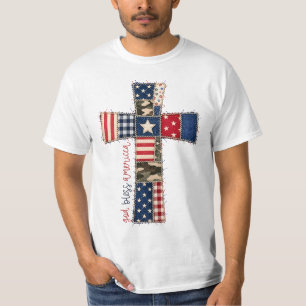 Camiseta Remendo Deus Abençoe a América Cruz Xadrez