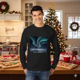 Camiseta Rena de Natal Aurora Boreal Céu Noturno
