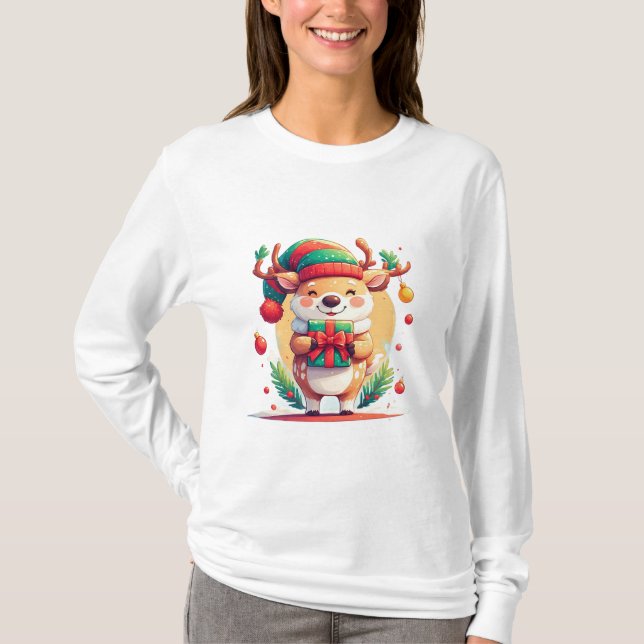 Camiseta Rena de Natal Fofa Segurando um Presente (Frente)