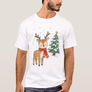 Camiseta Rena de Natal Fofo com Cachecol Vermelho