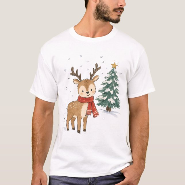Camiseta Rena de Natal Fofo com Cachecol Vermelho (Frente)