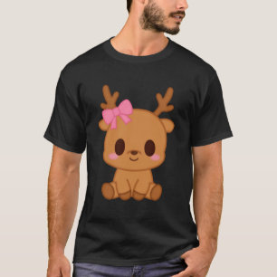 Camiseta Rena de Natal Kawaii com Laço Rosa - Fofo