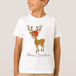 Camiseta Rena Desenhada Fofa com Chapéu de Natal do Papai N